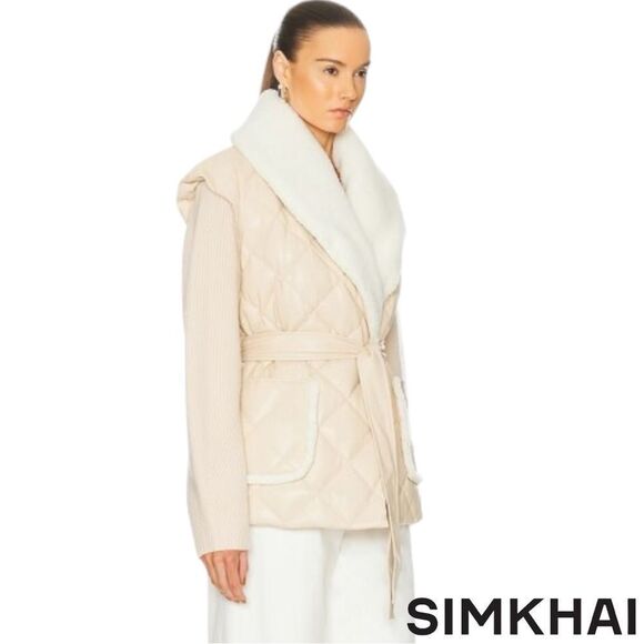 SIMKHAI **NWT** Astra Tie Waist Puffer Jacket Beige/Blush - Picture 12 of 14